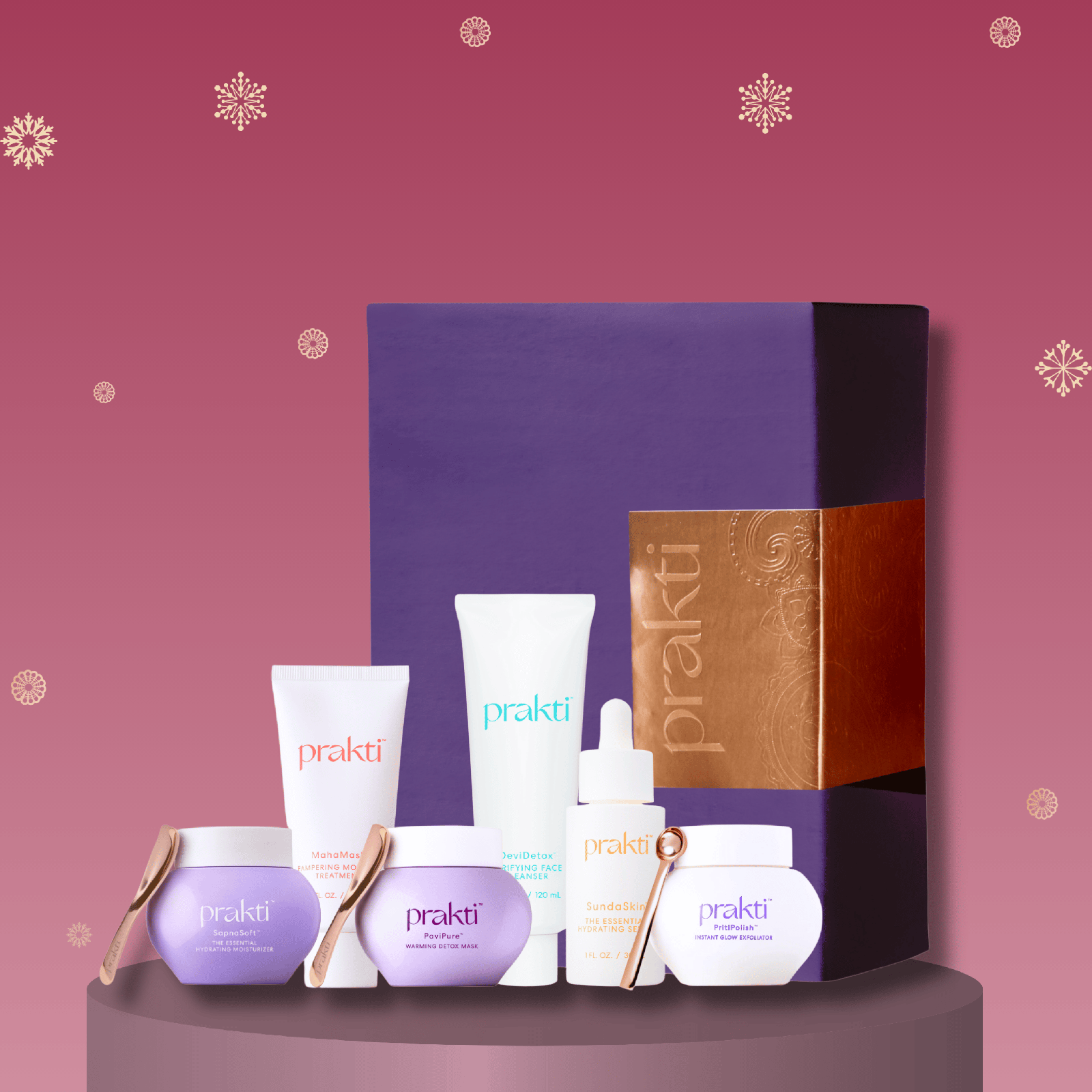 BindaasBeauty 6 step clean skincare set with cleanser, exfoliator, serum, moisturizer, hydrating mask, and detox clay mask in purple and copper packaging