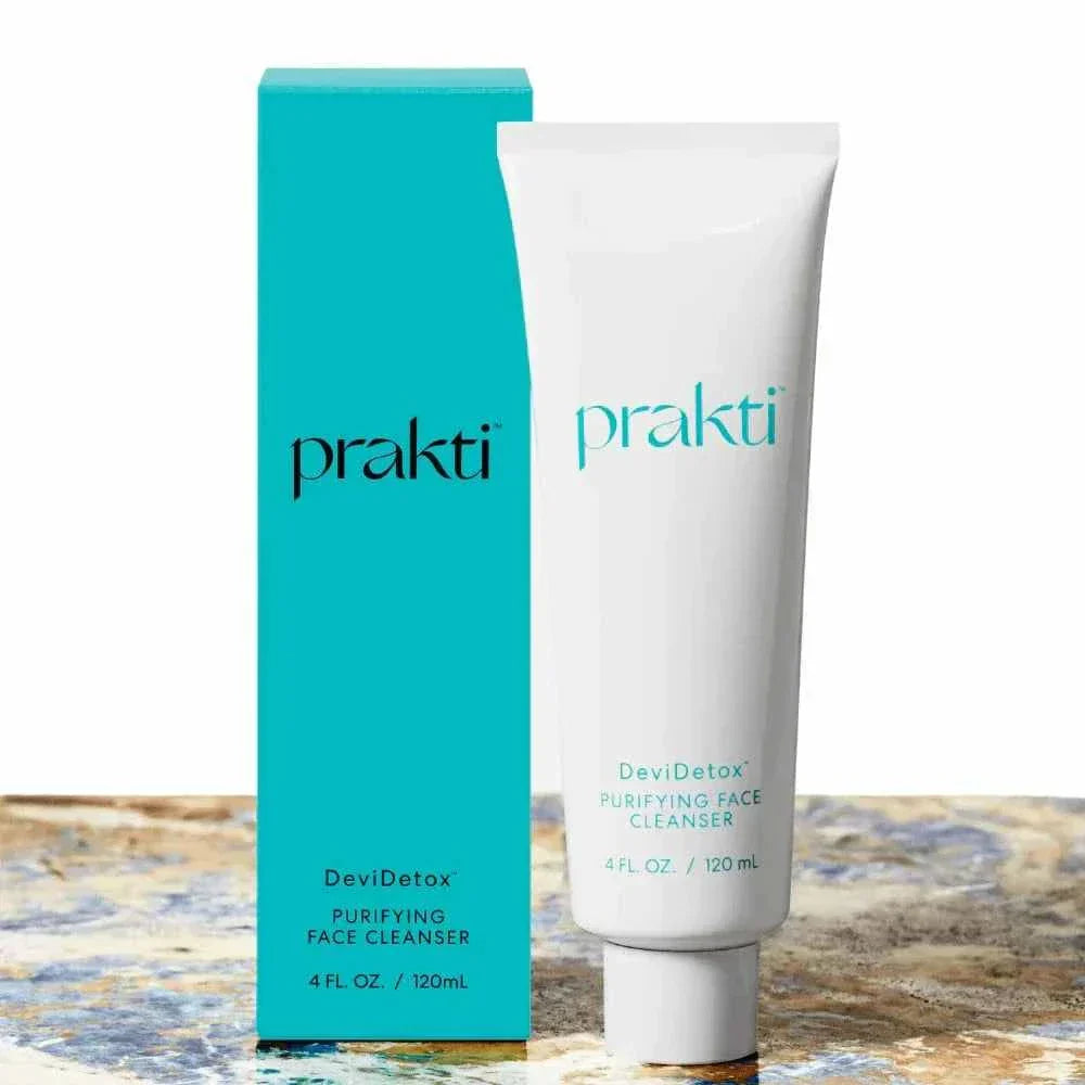 DeviDetox® hydrating creamy cleanser by Prakti with turquoise packaging and white tube for purifying and moisturizing face cleansing