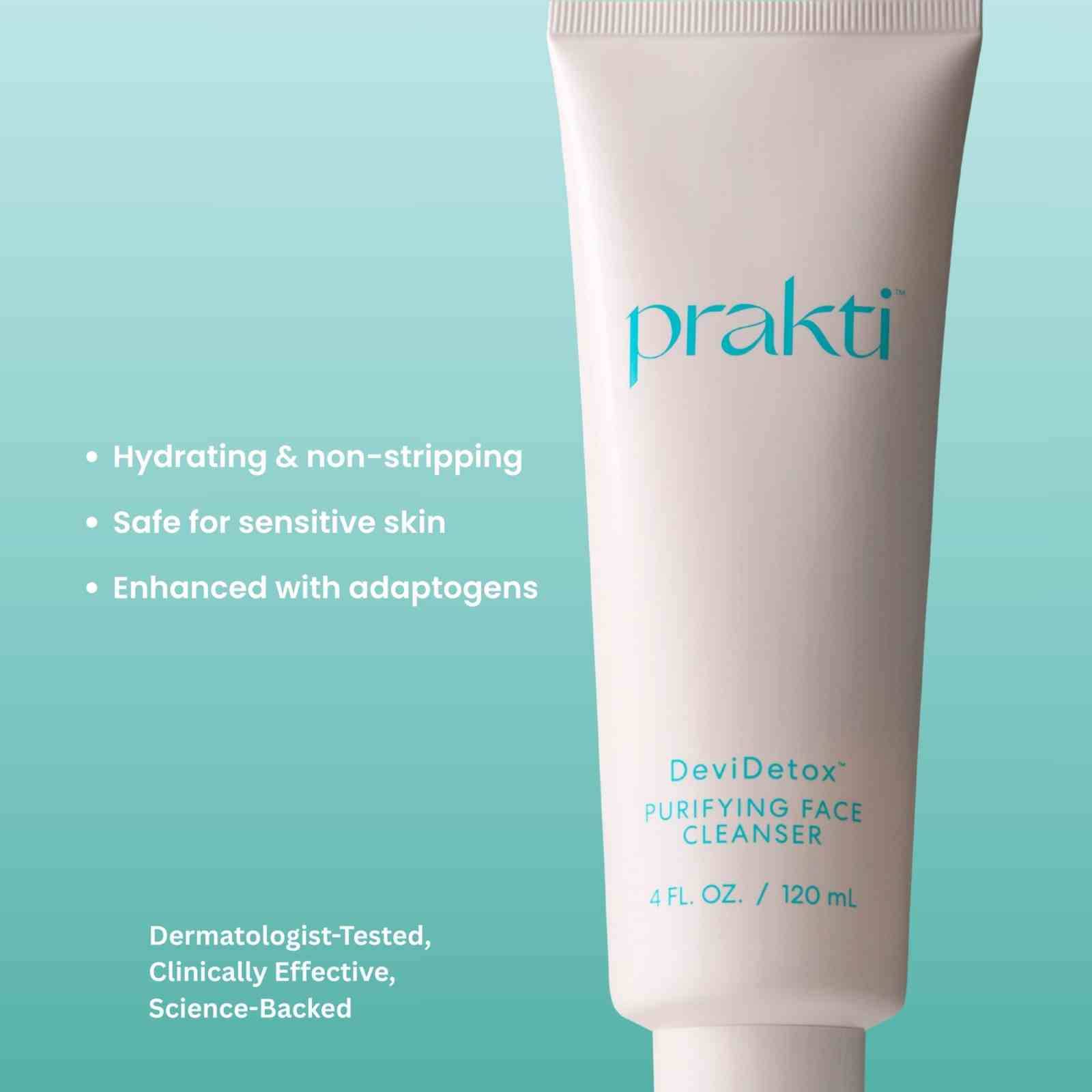 DeviDetox hydrating cleanser tube by Prakti with product benefits on blue background