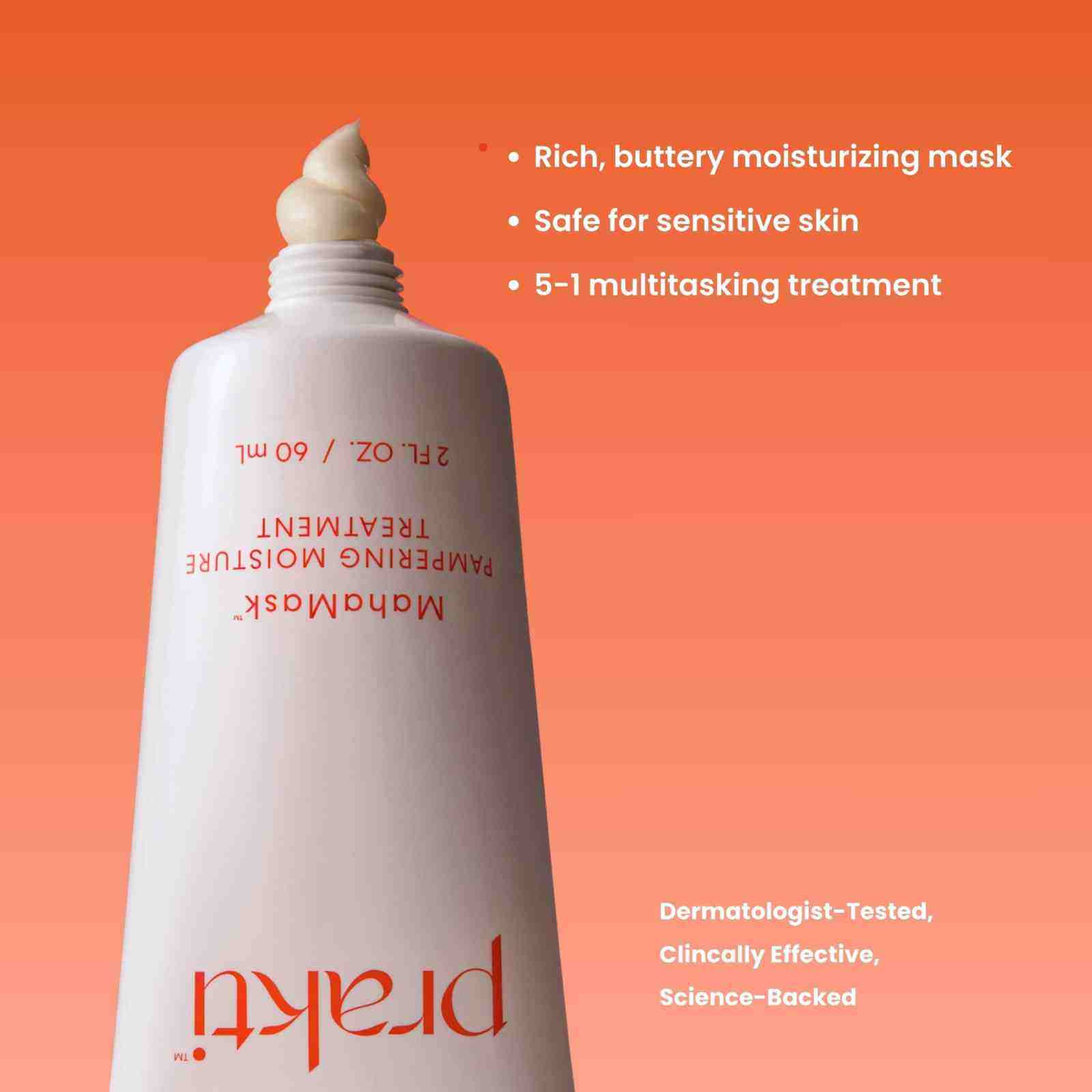 MahaMask moisturizing mask tube with rich, buttery cream on orange background, safe for sensitive skin and multitasking treatment