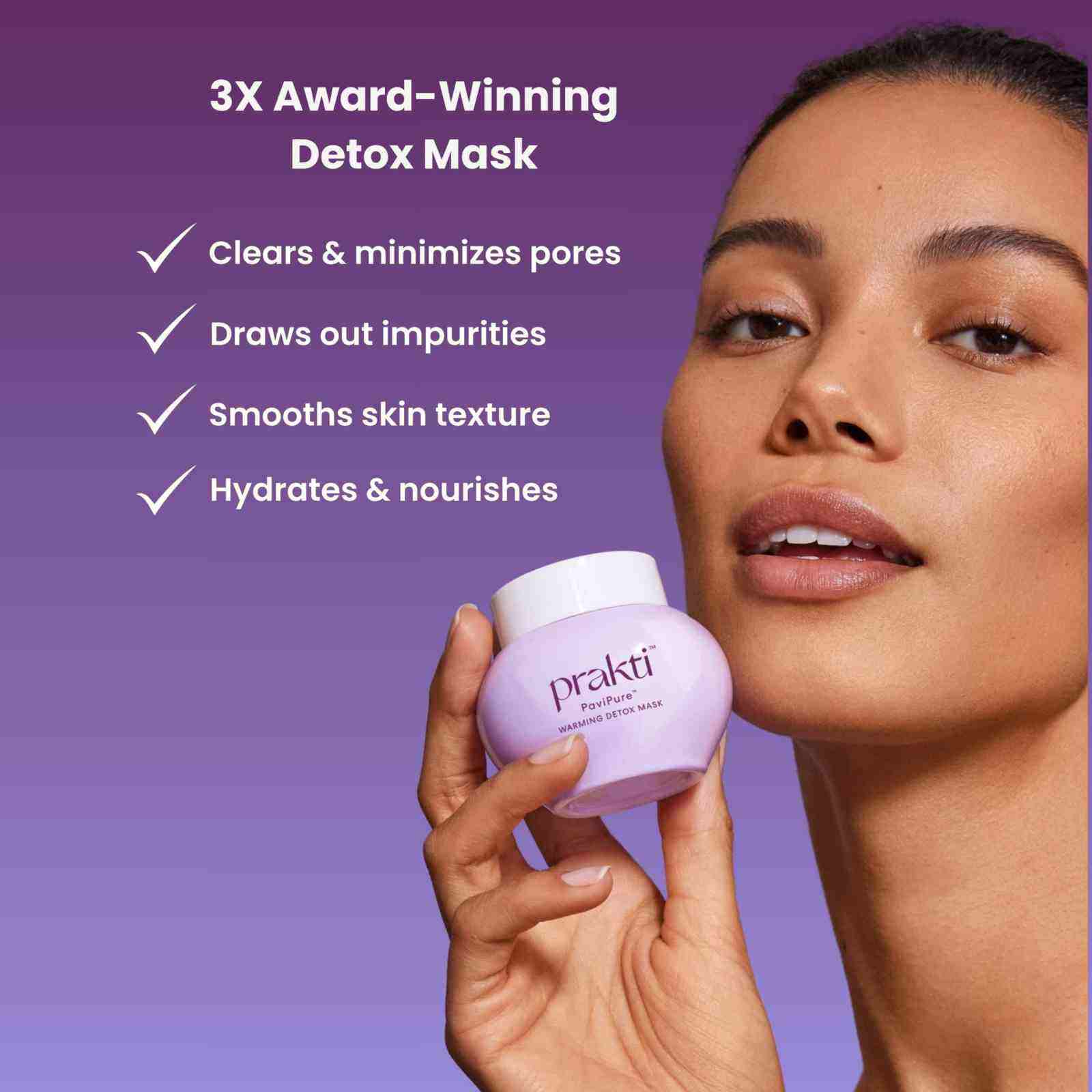 woman holding PaviPure™ I Detox Clay Mask jar with purple background showing skincare benefits