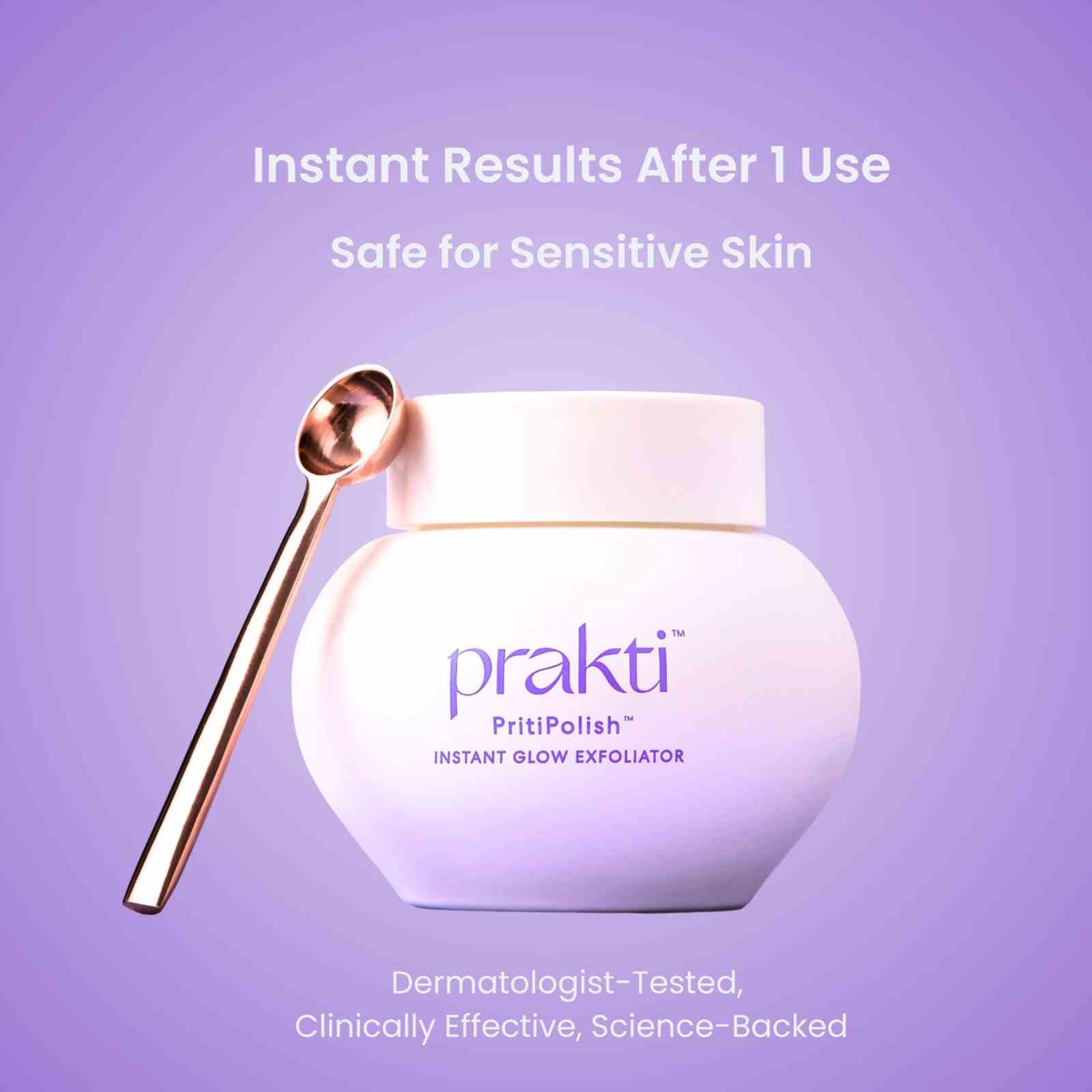 PritiPolish gentle facial exfoliator jar with spoon on purple background highlighting instant glow and safe for sensitive skin