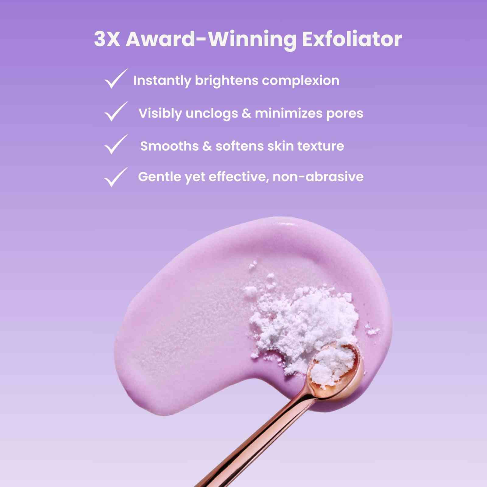 PritiPolish gentle facial exfoliator with soft purple cream and powder on spoon, brightens and smooths skin