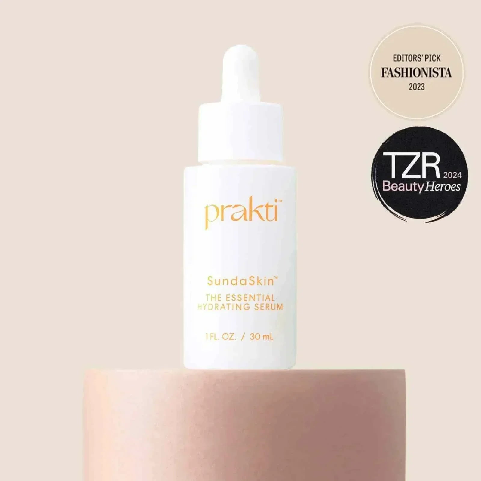 SundaSkin lightweight serum bottle for hydrating and brightening skin with awards badge