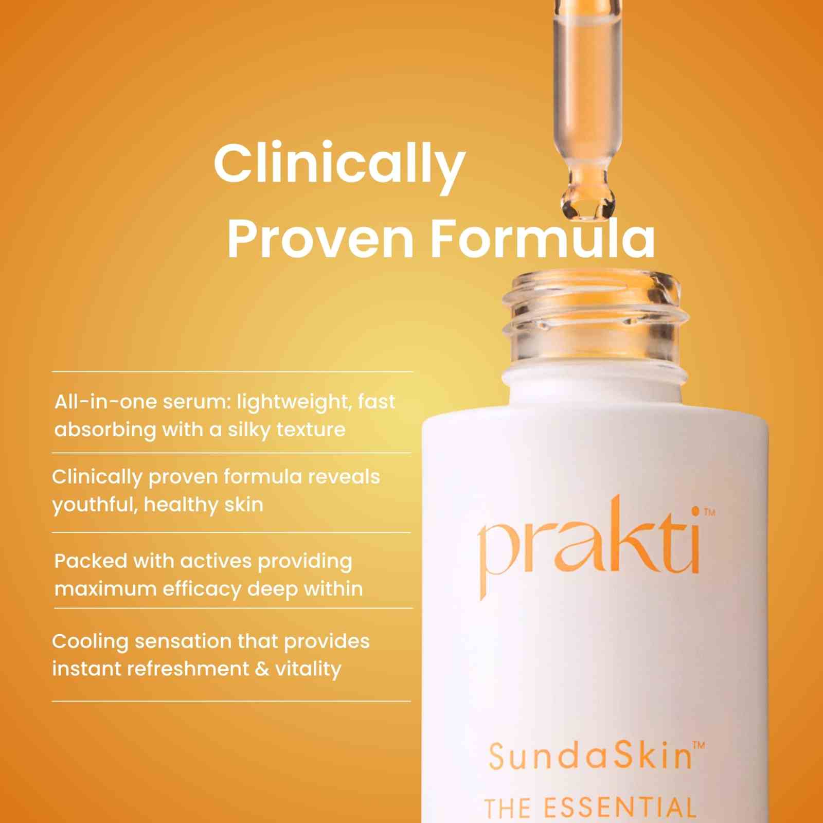 SundaSkin lightweight serum bottle with dropper highlighting clinically proven formula and skin benefits