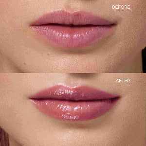 Before and after close-up of lips treated with moisture-rich lip oil showing smooth, hydrated, and glossy finish without stickiness