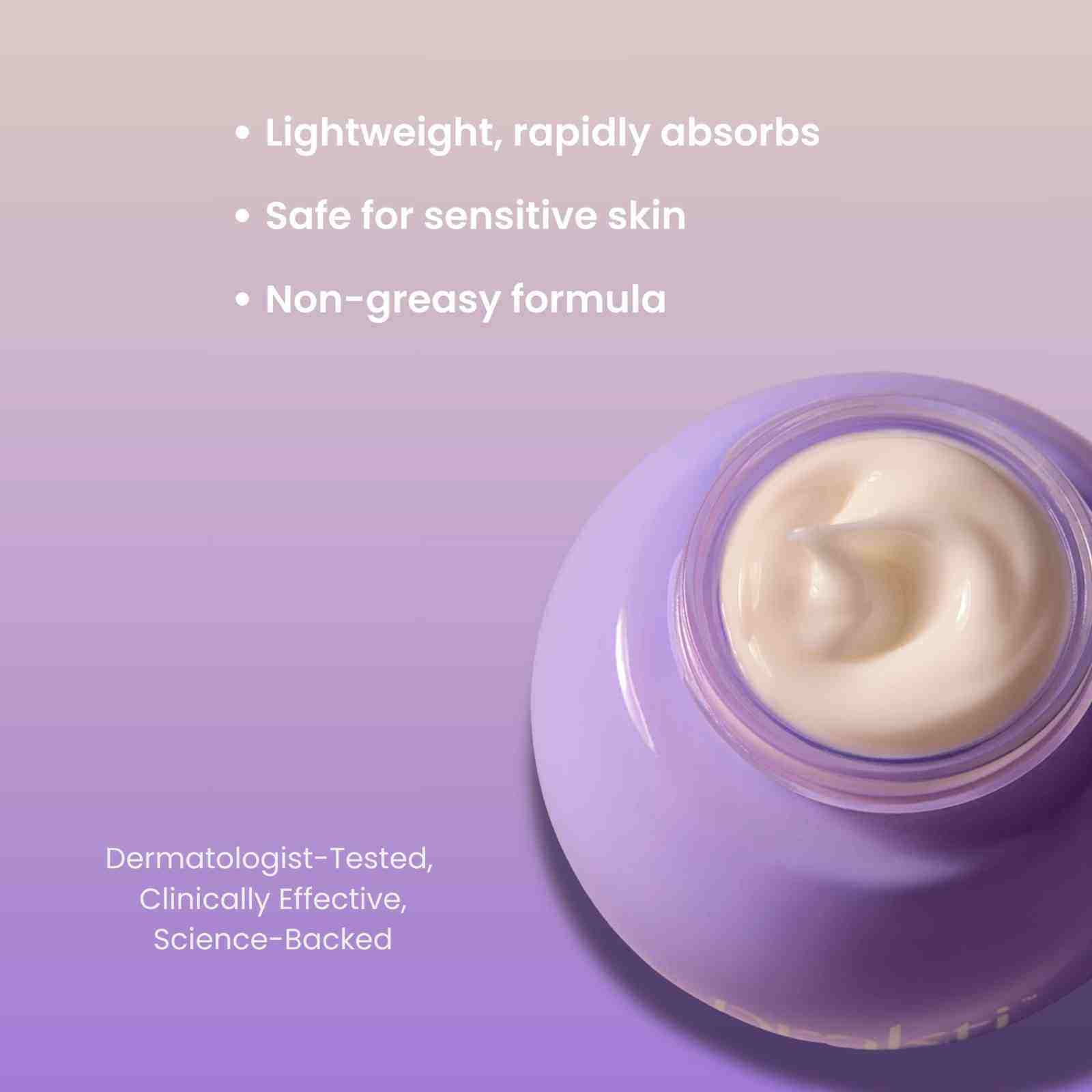 SapnaSoft weightless moisturizer cream in purple jar with lightweight, non-greasy formula benefits text on lavender background