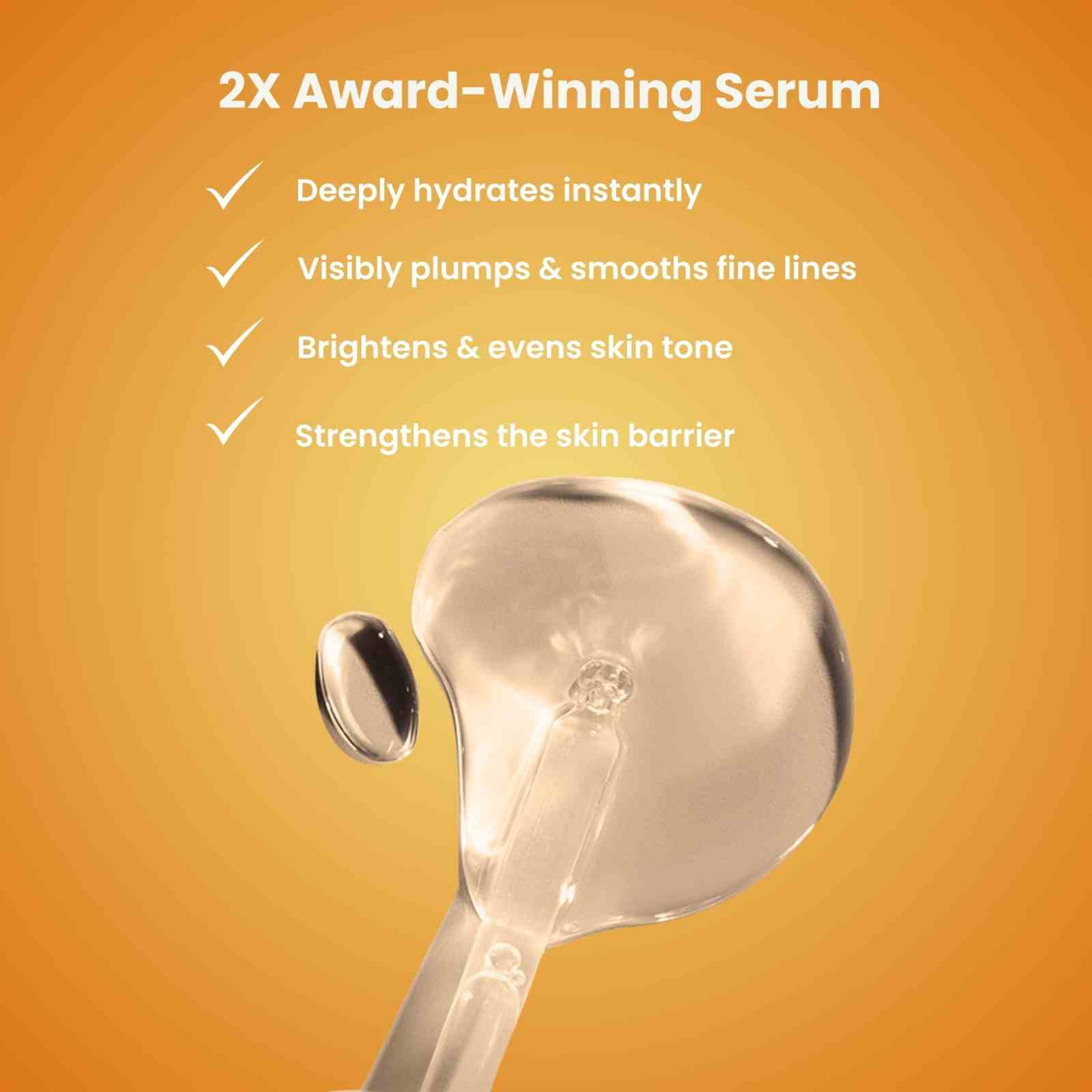 SundaSkin lightweight serum drop showcasing hydration and skin brightening benefits on orange background